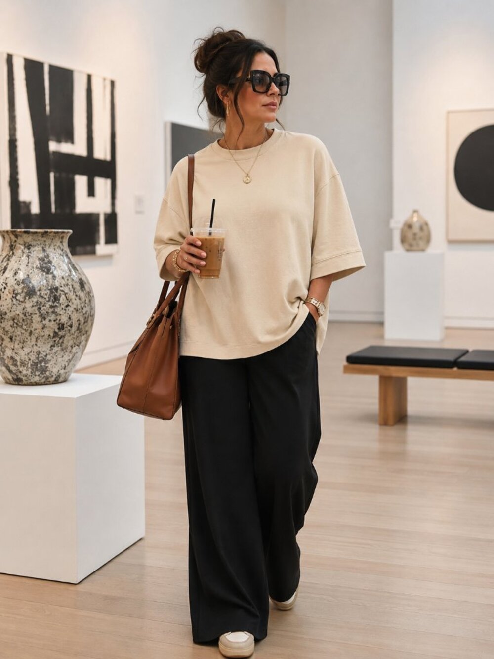 Amongst Others Large Cream Oversized Knit Top Minimalist Large Short-Sleeve Tee